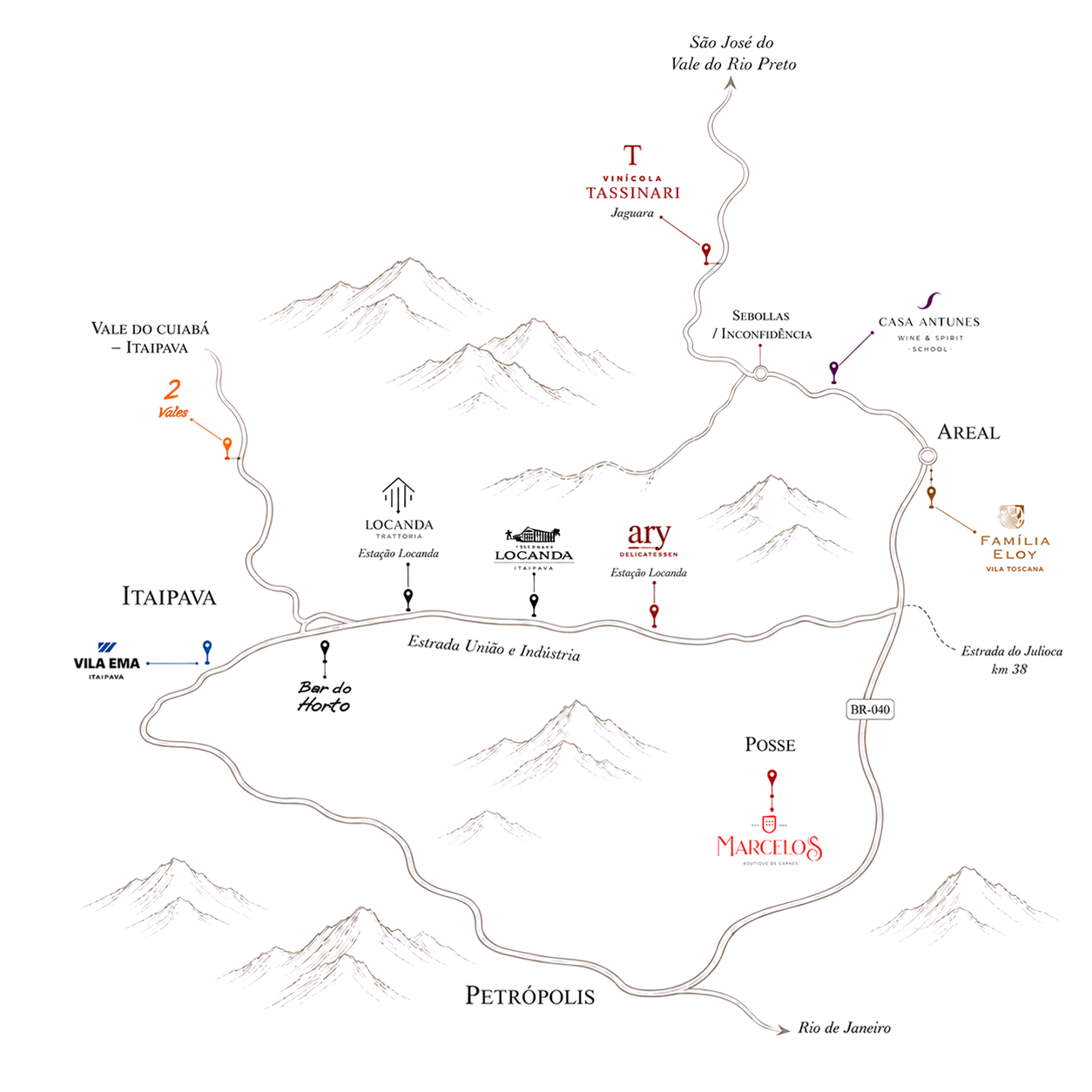 Mapa da Serra Carioca e regioes da temporada Wine & Jazz